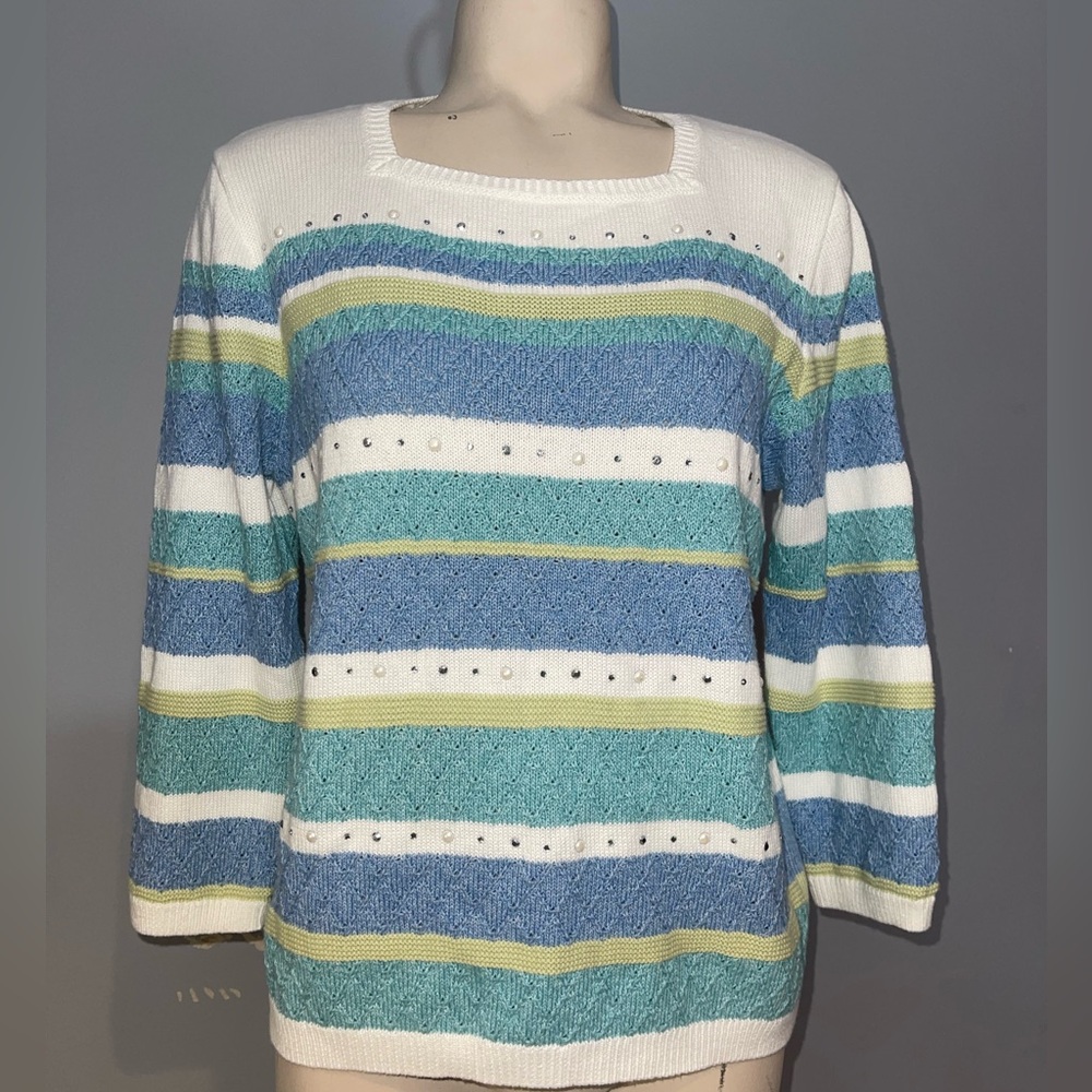 Alfred Dunner striped 3/4 sleeve square neck sweater with pearl gem Small Petite